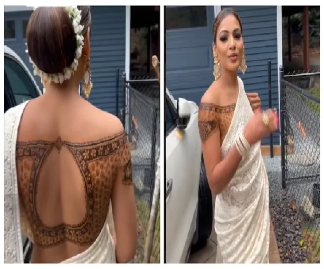 'Fashion ke naam pe kuch bhi': Netizens slam woman wearing 'Mehendi blouse' with white saree | Watch