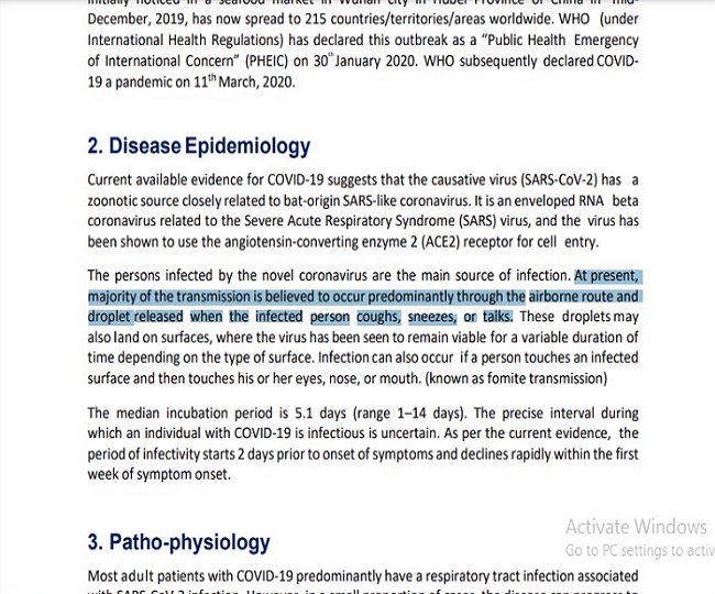 'COVID19 spreads through airborne route, droplets of infected person's