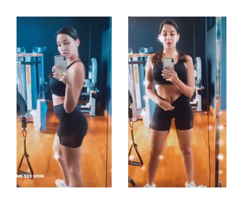 Nora Fatehi looks oh-so-HOT in black sports bra and shorts in her latest  boomerang gym video