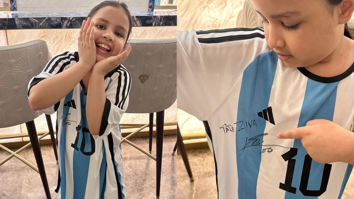 MS Dhoni's daughter shares love of Messi by posing in signed Argentina shirt