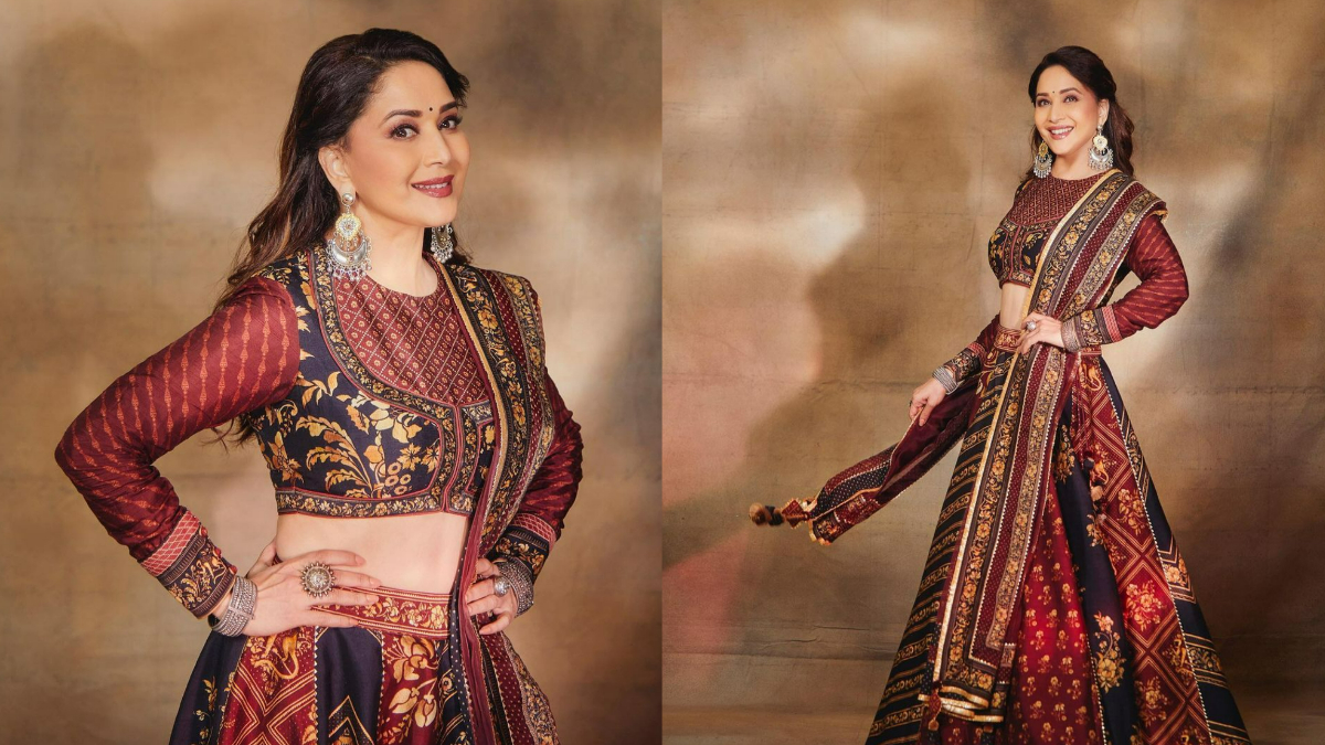 Madhuri Dixit In Blue Mirror Lehenga With Stunning Indo-Western Blouse -  Shaadiwish