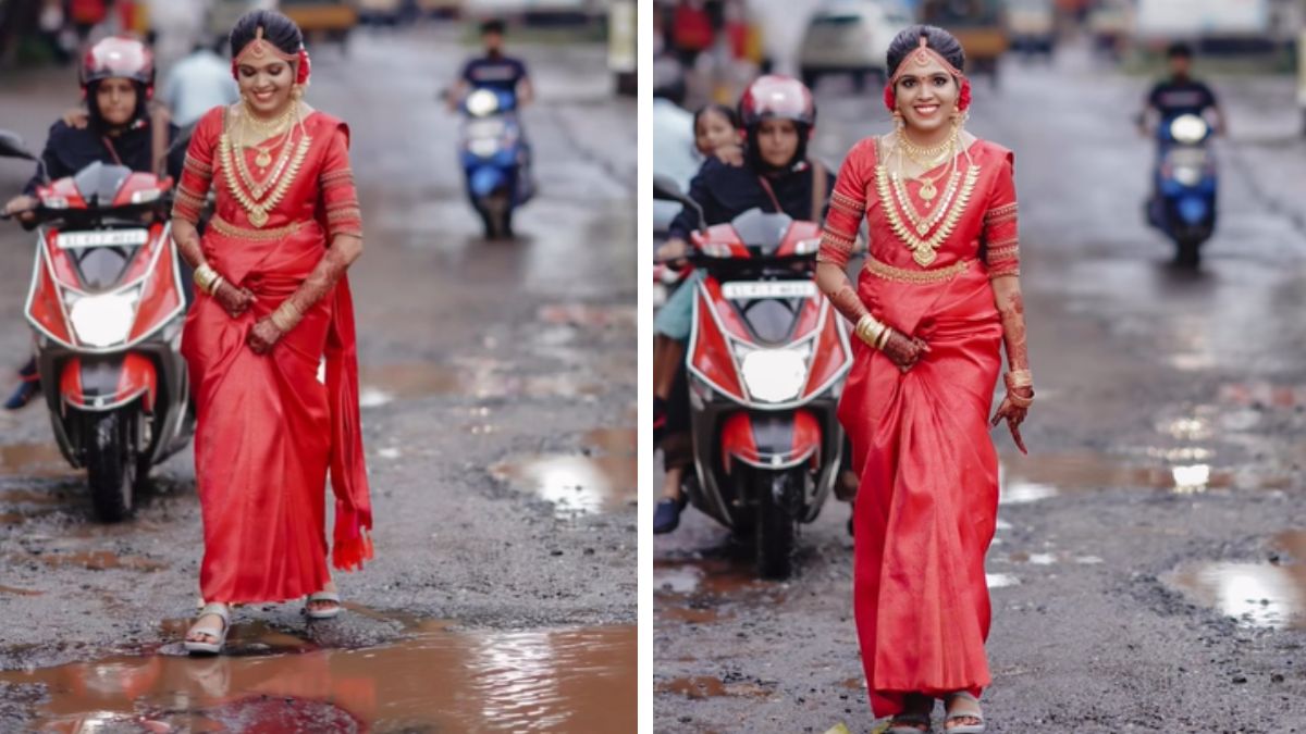 Kerala Road Becomes Wedding Photography Spot, Bride Walks On Road Full Of Potholes | Watch