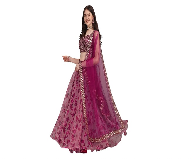 Fashion Basket Women's Floral Organza Semi Stitched Pink Lehenga