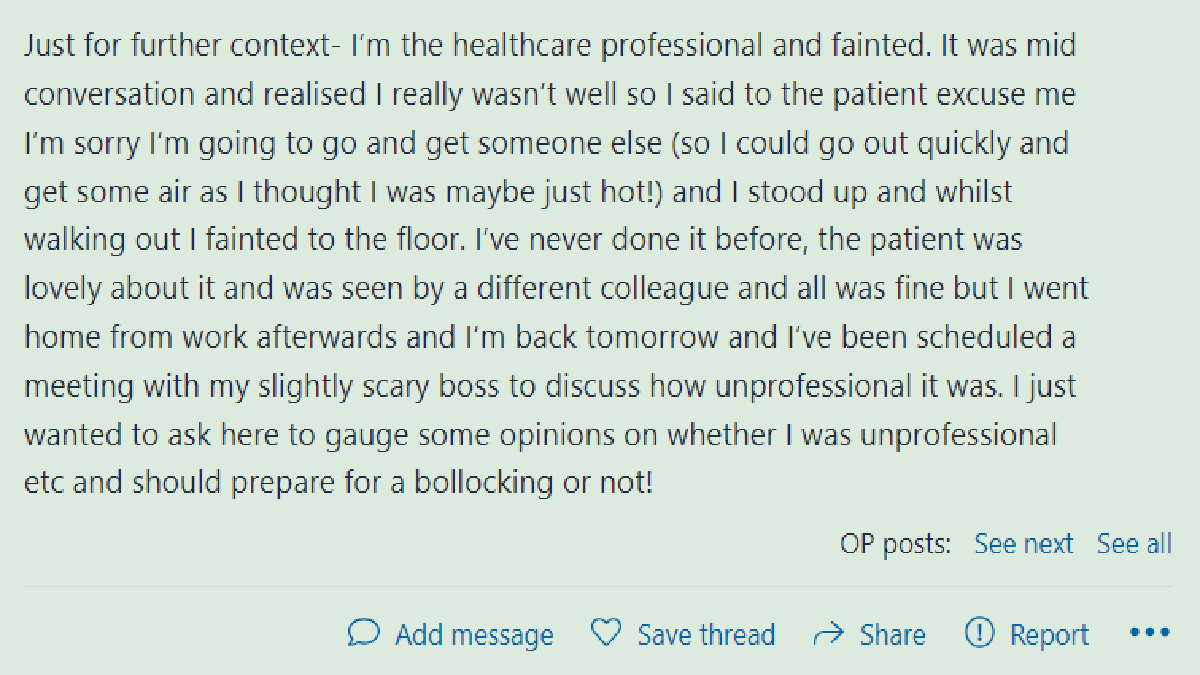 Boss calls woman unprofessional for fainting at work.
