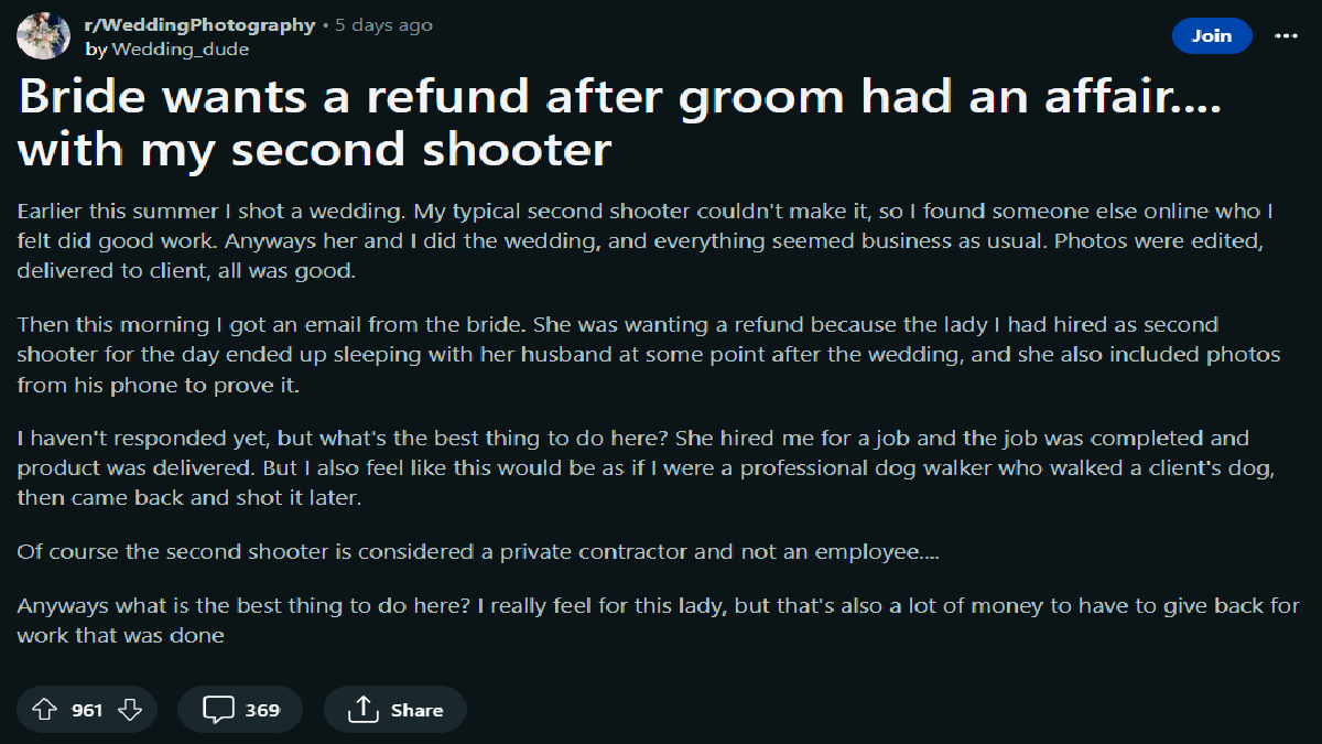 Bride Demands Refund After Wedding Photographer Ends Up Having Affair