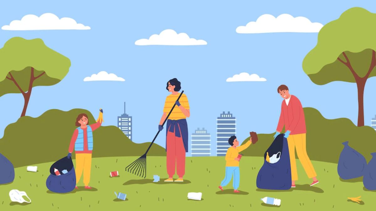  A family is cleaning up a park. The image shows the importance of environmental cleanliness in health.