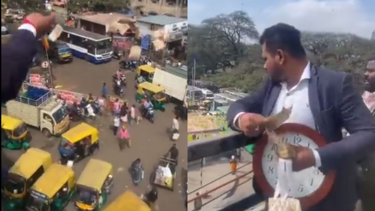 Viral Video: Bengaluru Man Raining Cash Over Crowd From Flyover Will Leave You Baffled