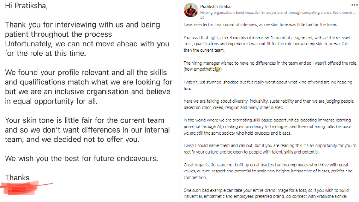 Woman rejected by company for being 'too fair'.