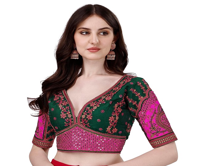 Buy Pujia Mills Women's Multicolor Round Deep Front Neck Sleeveless Phantom  Silk Readymade Saree Blouse for Lehenga Choli (38, Pink) at