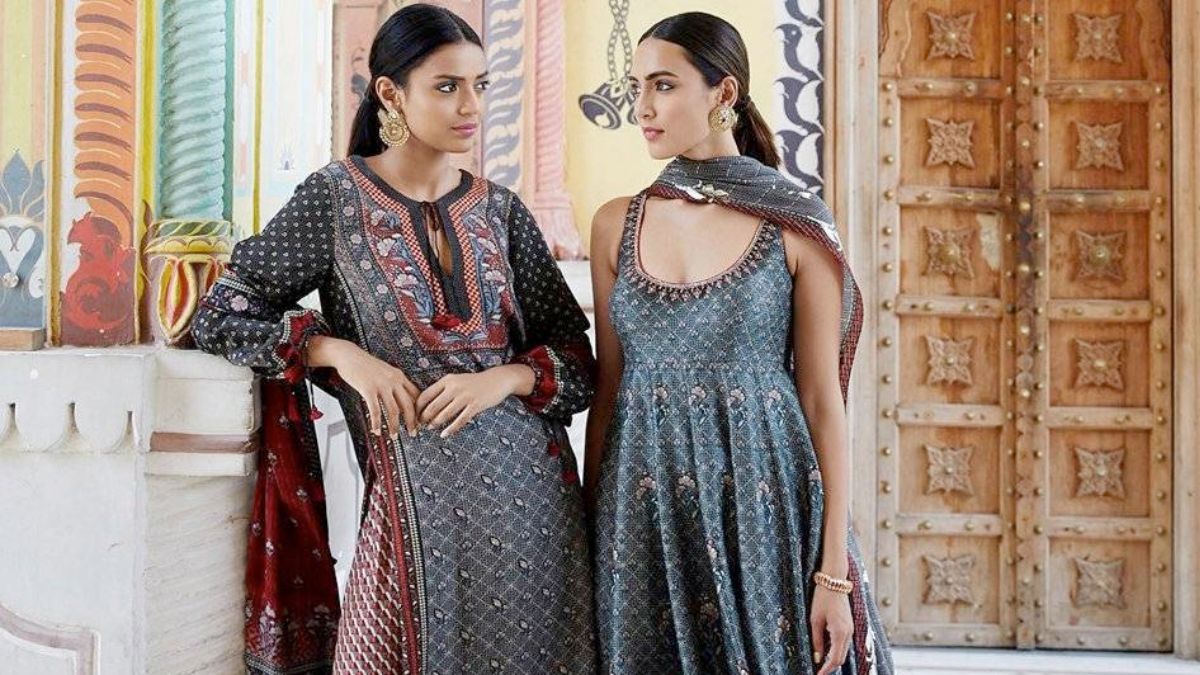 Jayshrees Rivaz - We love this range of three-quarter-sleeved kurtis with  patterns made of gold foil printed design and embroidered mirror work.  Match these long-length beauties with a pair of Jayshree's /