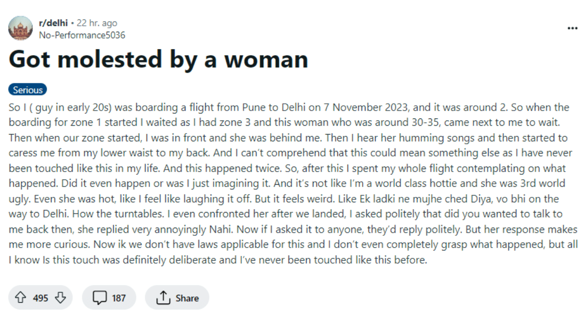 Woman molests man in the airport. (Source: No-Performance5036/ Reddit)