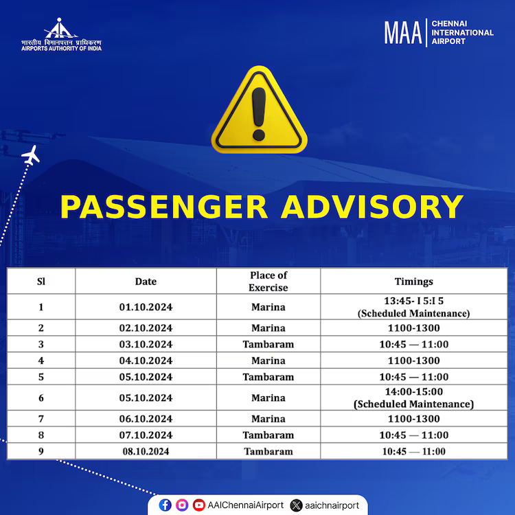 Chennai Airport Announces Brief Closures From October 1 To 8 Due To IAF