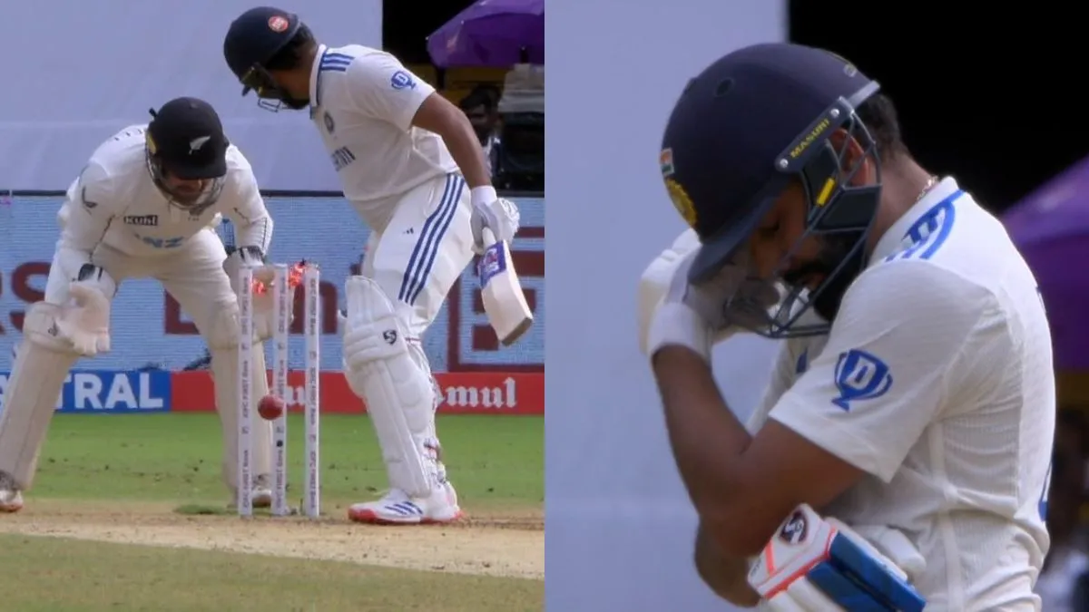 ind-vs-nz-1st-test-rohit-sharmas-disappointing-reaction-after-unusual-dismissal-post-halfcentury-goes-viral-watch