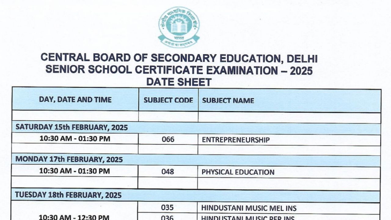 CBSE Date Sheet 2025 Out CBSE Board Exam Class 10th 12th Time Table