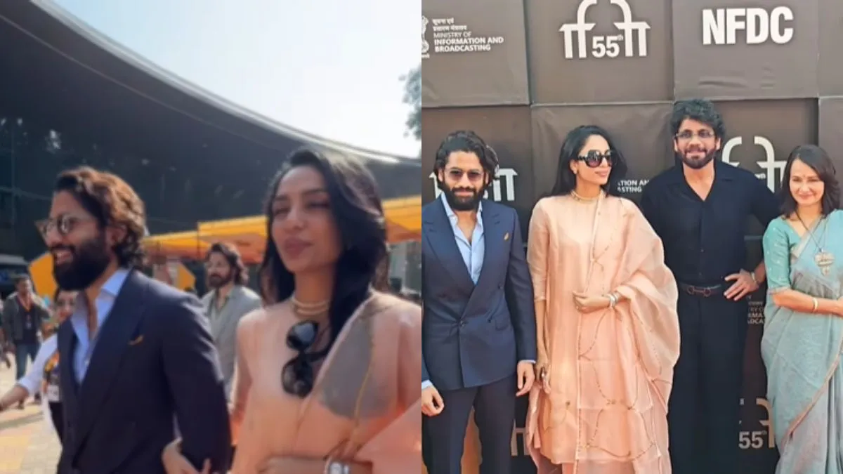 naga-chaitanya-and-sobhita-dhulipala-grace-iffi-2024-hand-in-hand-ahead-of-wedding-chay-family-nagarjuna-amala-akhil-akkineni-also-attend-watch