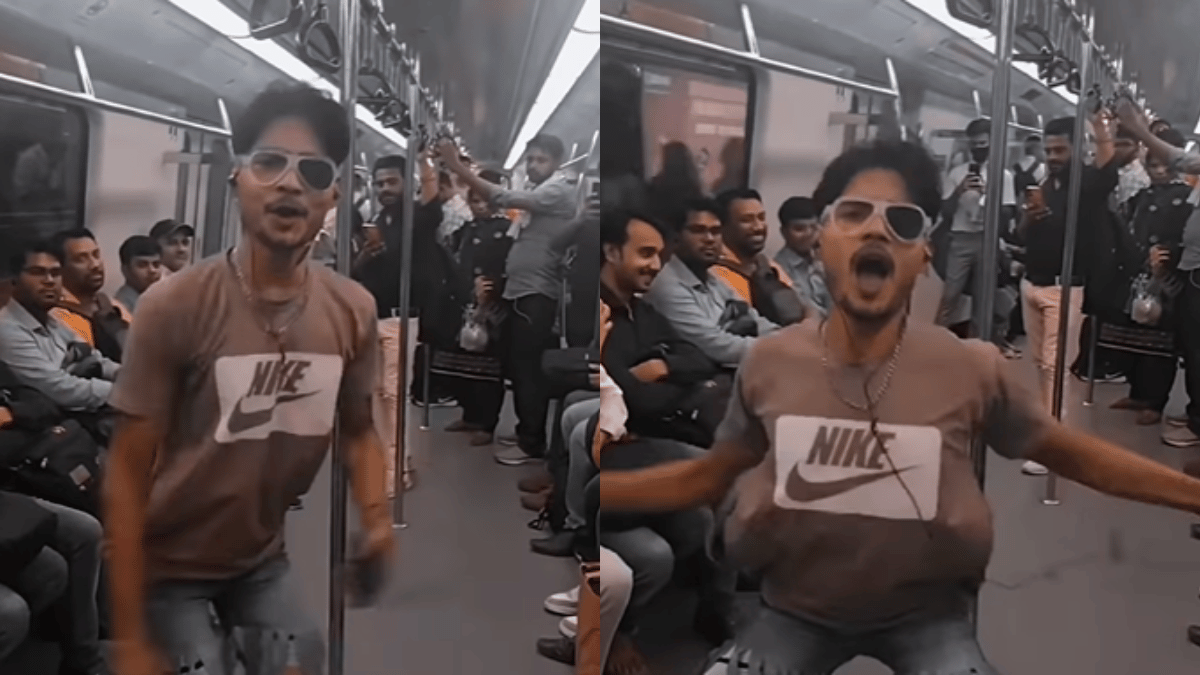delhi-metro-man-donning-bizarre-attire-dances-to-item-song-tinku-jiya-amid-passengers-watch-viral-video