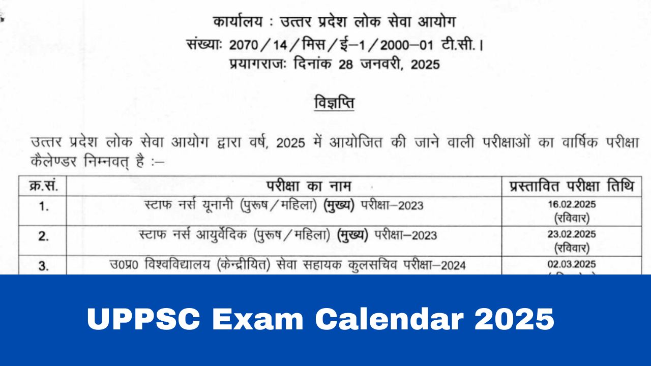 UPPSC Exam Calendar 2025 Out UP PCS, Staff Nurse, AE, Lecturer And