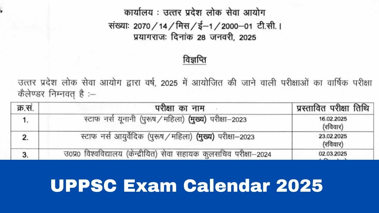 UPPSC Exam Calendar 2025 Out UP PCS, Staff Nurse, AE, Lecturer And