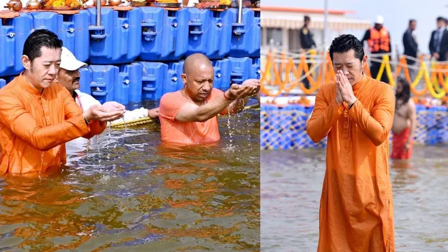 maha-kumbh-bhutan-king-jigme-khesar-namgyel-wangchuck-takes-holy-dip-at-triveni-sangam-with-cm-yogi-adityanath-video