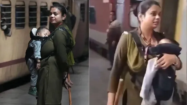rpsf-constable-carries-baby-while-ensuring-passenger-safety-at-new-delhi-railway-station-netizens-praise-her-viral-video