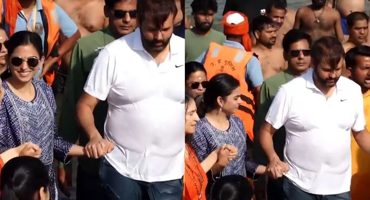 mahakumbh-2025-isha-ambani-and-anand-piramal-take-holy-dip-at-triveni-sangam-video