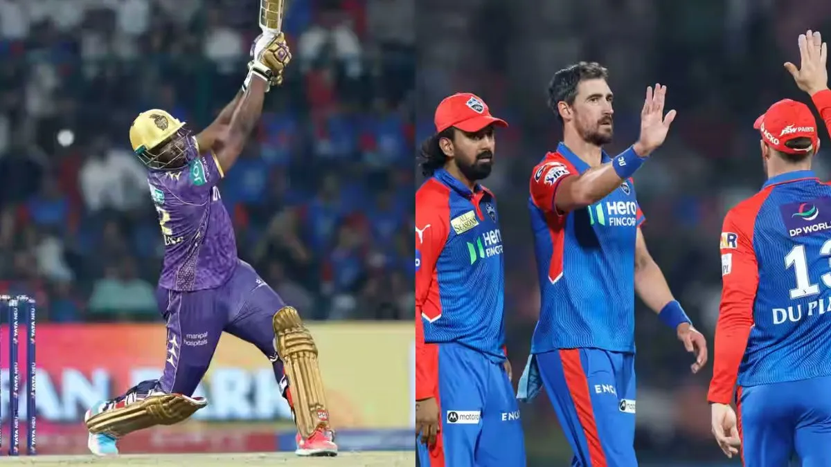 ipl-2025-andre-russell-106-m-six-video-mitchell-starc-20th-over-delhi-capitals-vs-kolkata-knight-riders-match-scorecard-dc-team-hat-trick