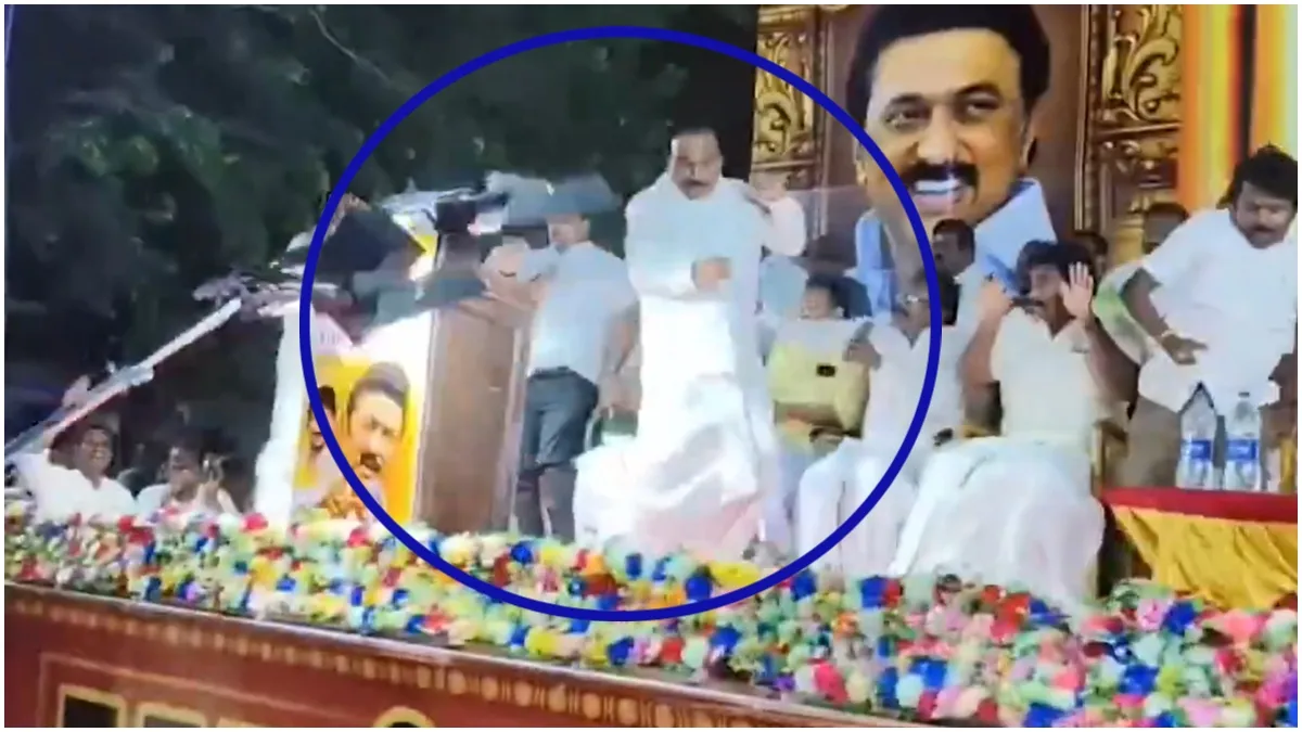dmk-mp-a-raja-miraculously-escape-light-post-crash-in-tamil-nadu-mayiladuthurai-watch