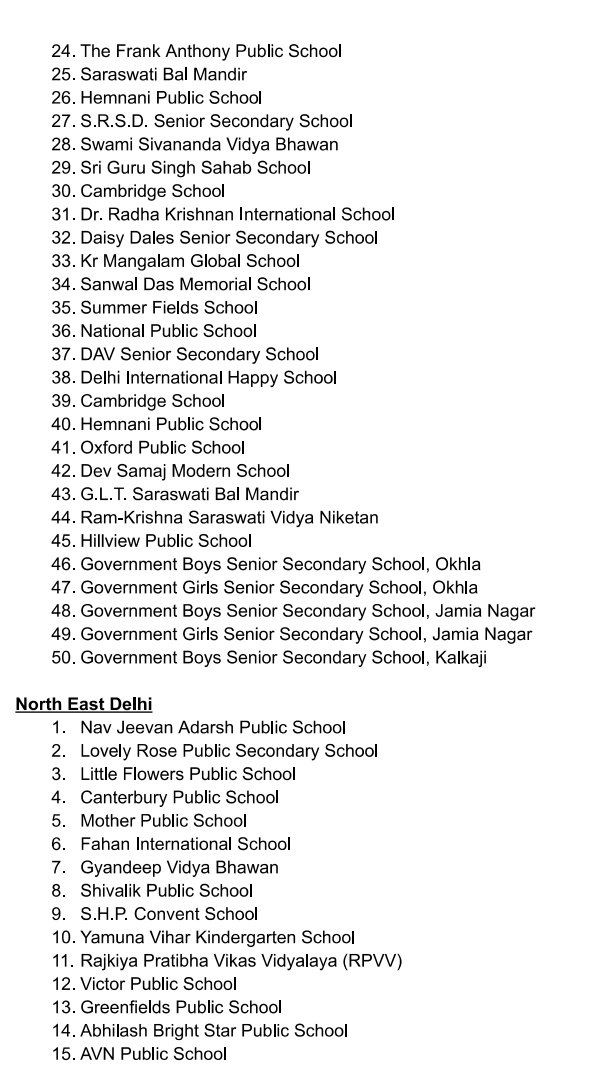 Which schools in Delhi will conduct Mock Drill 13