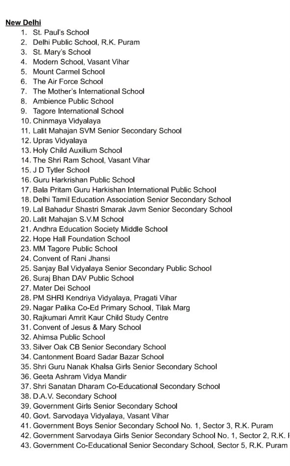 Which schools in Delhi will conduct Mock Drill