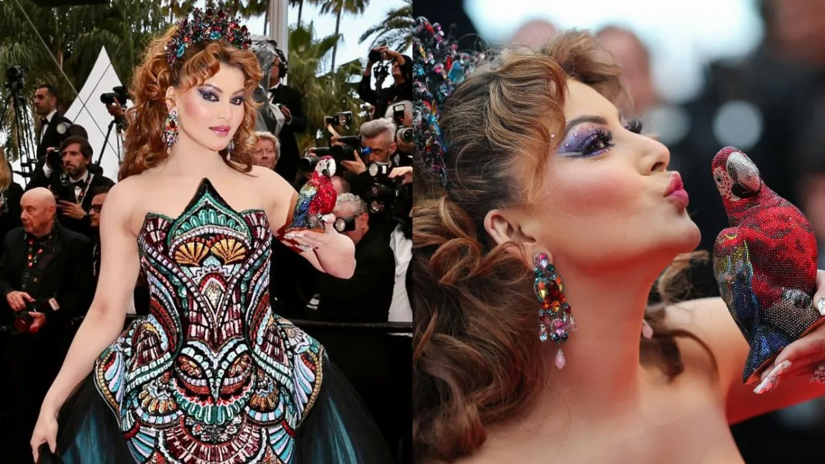 cannes-2025-urvashi-rautela-walks-red-carpet-with-rs-4-lakh-parrot-clutch-netizens-say-first-woman-to-go-on-cannes-with-parrot
