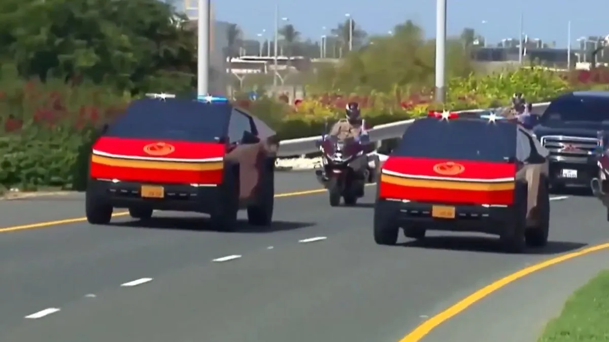 donald-trump-qatar-visit-us-president-and-elon-musk-escorted-by-red-painted-tesla-cybertruck-convoy