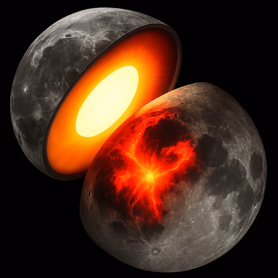 An undated artist's concept shows the moon's hot interior and volcanism about 2 to 3 billion years ago