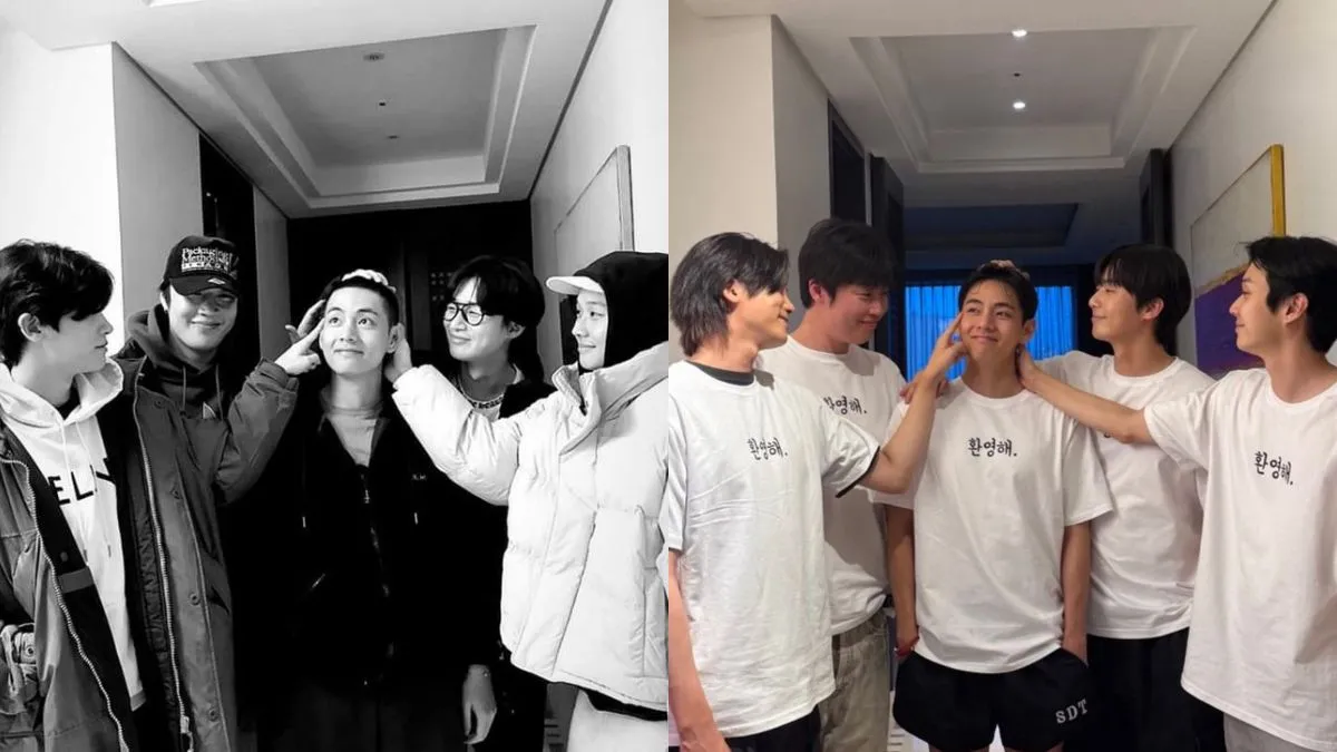 bts-v-reunites-with-wooga-squad-park-seo-joon-park-hyung-sik-choi-wooshik-and-peakboy-recreate-2023-pose-after-kim-taehyung-military-discharge