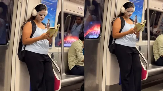 woman-wears-sheet-mask-in-delhi-metro-while-travelling-internet-asks-what-is-this-new-trend-viral-video
