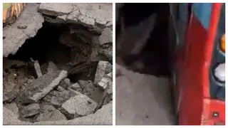 Mumbai Rain: BEST Bus Gets Stuck In Large Crater Appears After Part Of Road Near Girgaon Metro Station Caves Amid Downpour