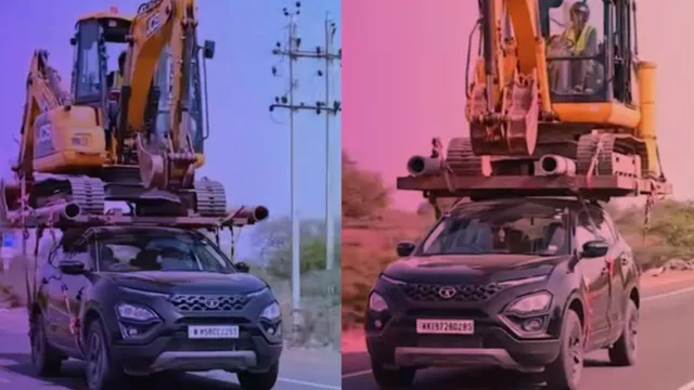 watch-viral-video-shows-tata-harrier-carrying-a-24ton-excavator-on-roof-but-theres-a-catch
