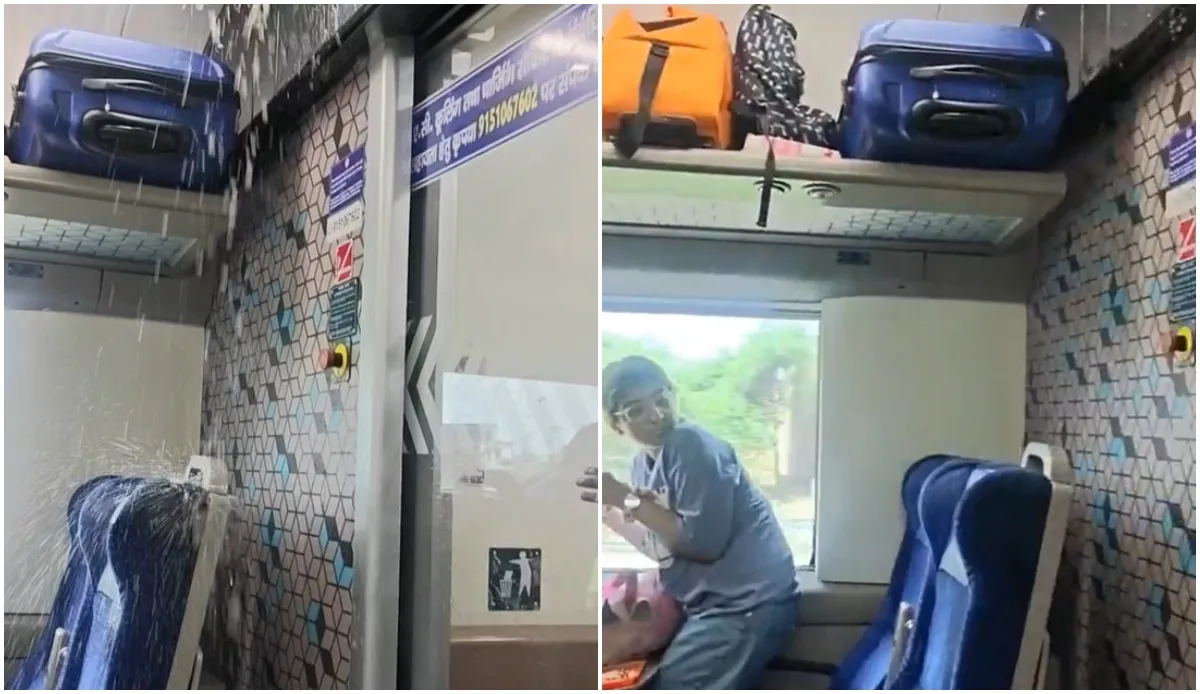 water-leaks-from-roof-of-varanasidelhi-vande-bharat-express-staff-says-adjust-kariye-watch