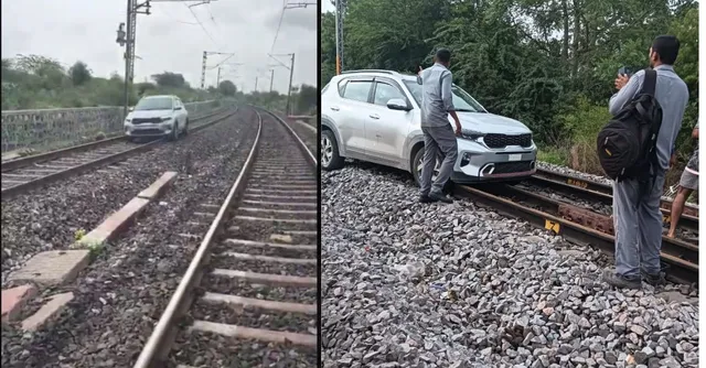 inebriated-woman-drives-car-on-railway-tracks-near-hyderabad-to-make-reel-disrupts-train-services-viral-video