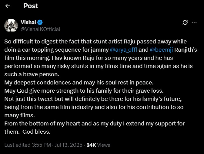 actor vishal on stuntman Raju demise