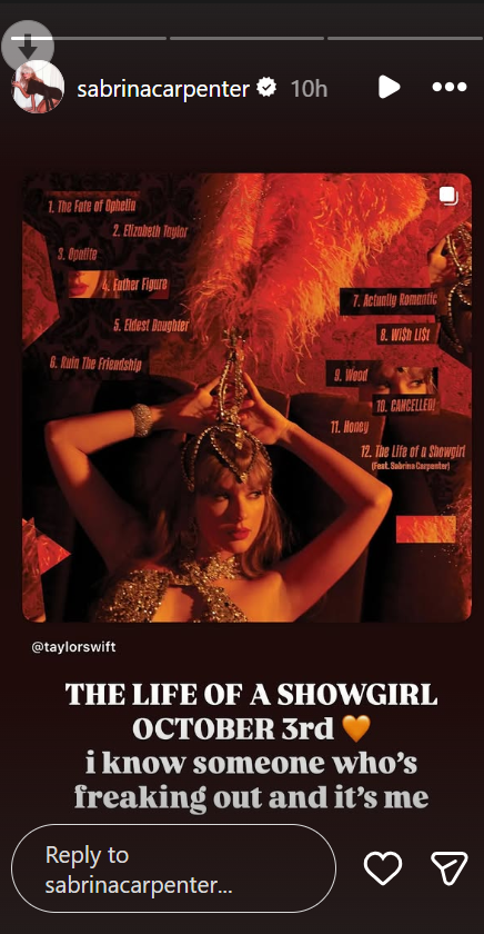 Sabrina Carpenter features in Taylor Swift new album