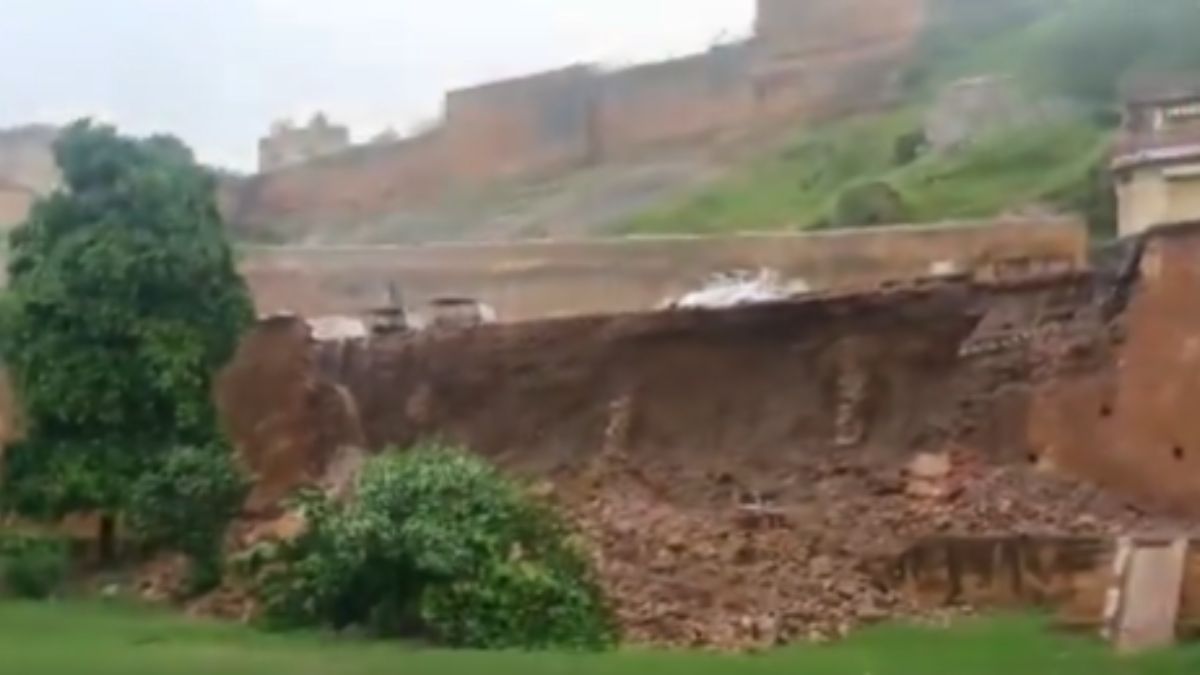rajasthan-news-200foot-amer-fort-wall-collapses-amid-heavy-rain-video