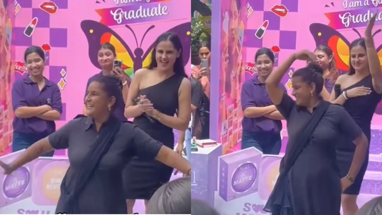 delhi-college-guard-aunty-energetic-aaja-nachle-dance-sets-the-stage-on-fire-crowd-cheers-loudly-in-viral-video