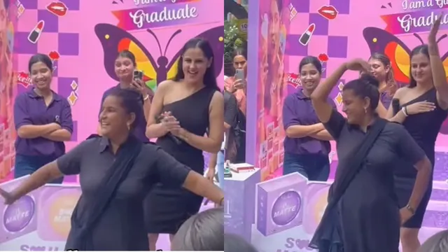 delhi-college-guard-aunty-energetic-aaja-nachle-dance-sets-the-stage-on-fire-crowd-cheers-loudly-in-viral-video