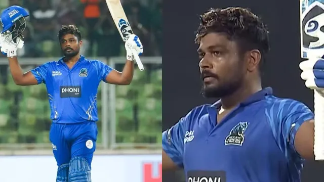 sanju-samson-century-in-42-balls-in-kerala-cricket-league-kochi-blue-tigers-vs-aries-kollam-sailors-match-result-samson-batting-video-ahead-of-asia-cup-2025