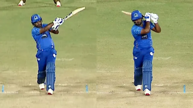sanju-samson-no-look-shot-six-viral-video-kerala-cricket-league-2025-kochi-blue-tigers-samson-fourth-consecutive-fifty-ahead-of-asia-cup-2025