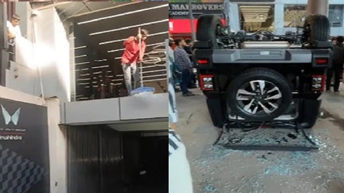 delhi-new-thar-flies-out-of-first-floor-of-showroom-after-woman-applies-accelerator-to-crush-lemon-video