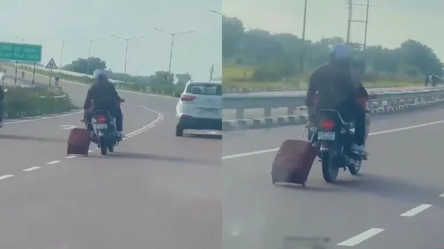 man-glides-trolley-bag-smoothly-on-agra-lucknow-expressway-while-riding-bike-netizens-joke-new-trick-unlocked-viral-video