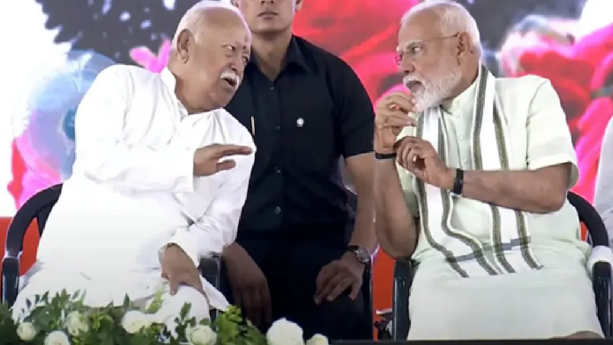 pm-modi-attends-rss-centenary-celebrations-in-presence-of-mohan-bhagwat-hindutva-durga-puja-celebrations