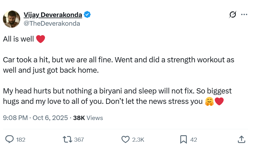 Vijay Deverakonda post After Car Accident