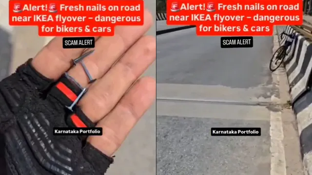 puncture-mafia-bengaluru-motorists-spot-1-5-kg-nails-scattered-on-nelamangala-road-viral-video-raises-safety-alarm
